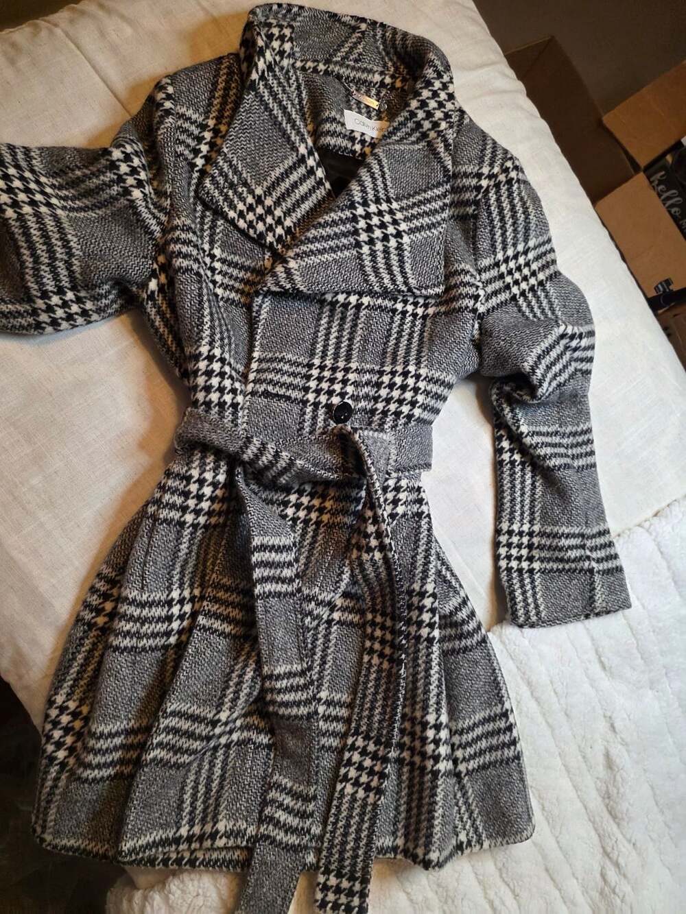 Calvin Klein Plaid Wool Blend Trench Coat Gray Black White XL